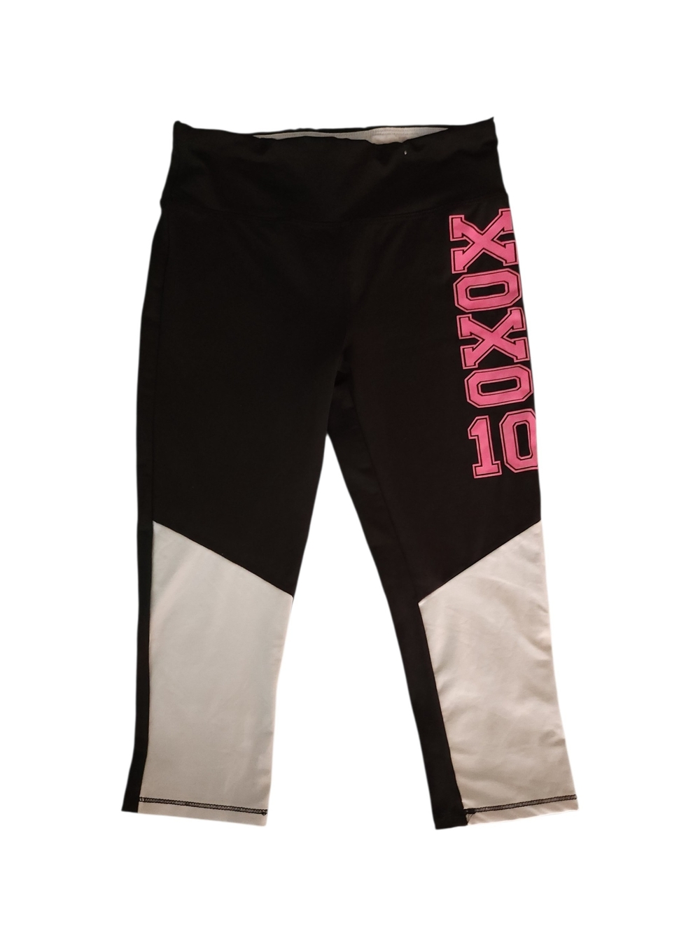 XOXO Sport Black Capri Leggings Pink Varsity Logo Color Block White Panel